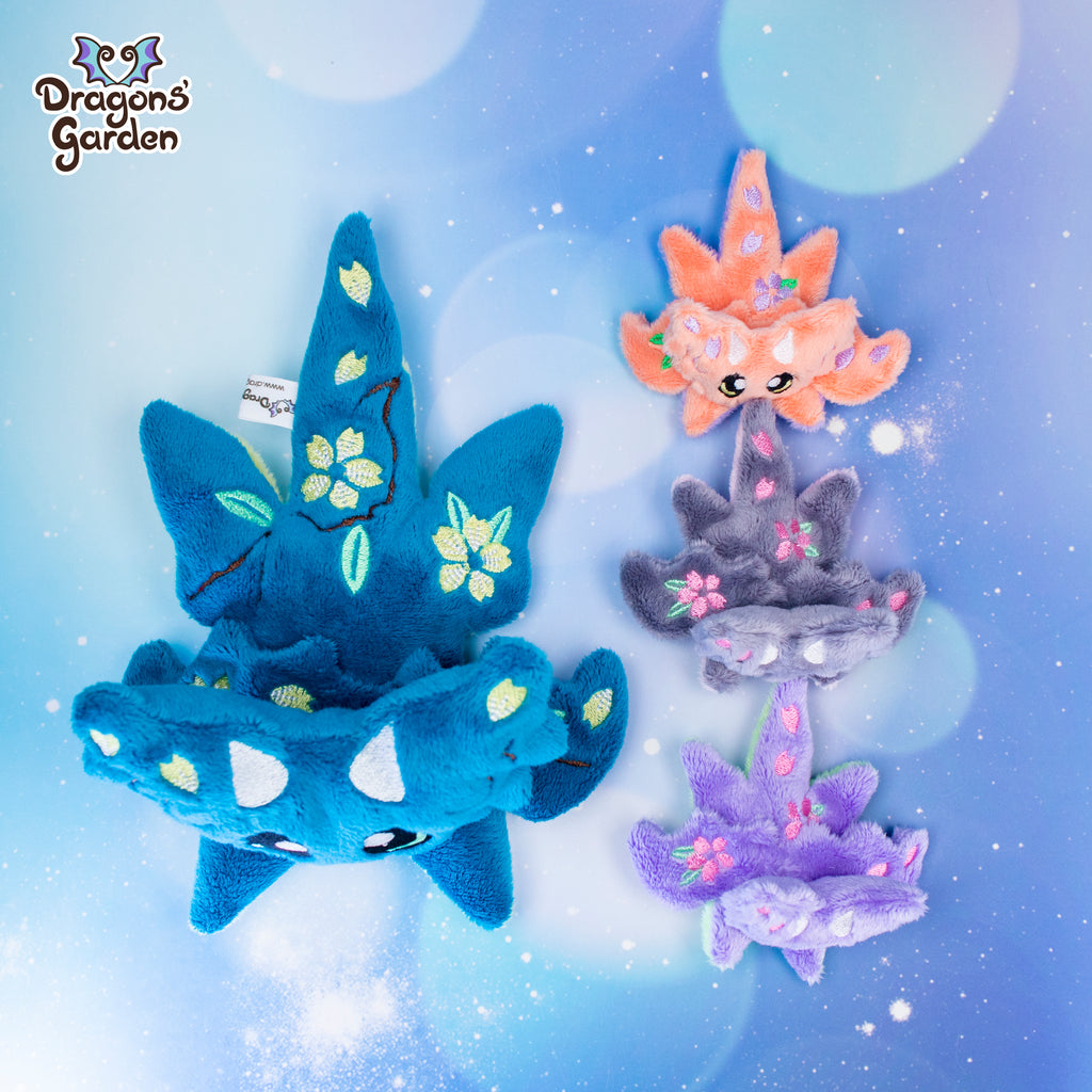 Sakura Micro Dragon Magnetic Plush Companions Peach, Lilac and Gray with small embroidered cherry blossoms
