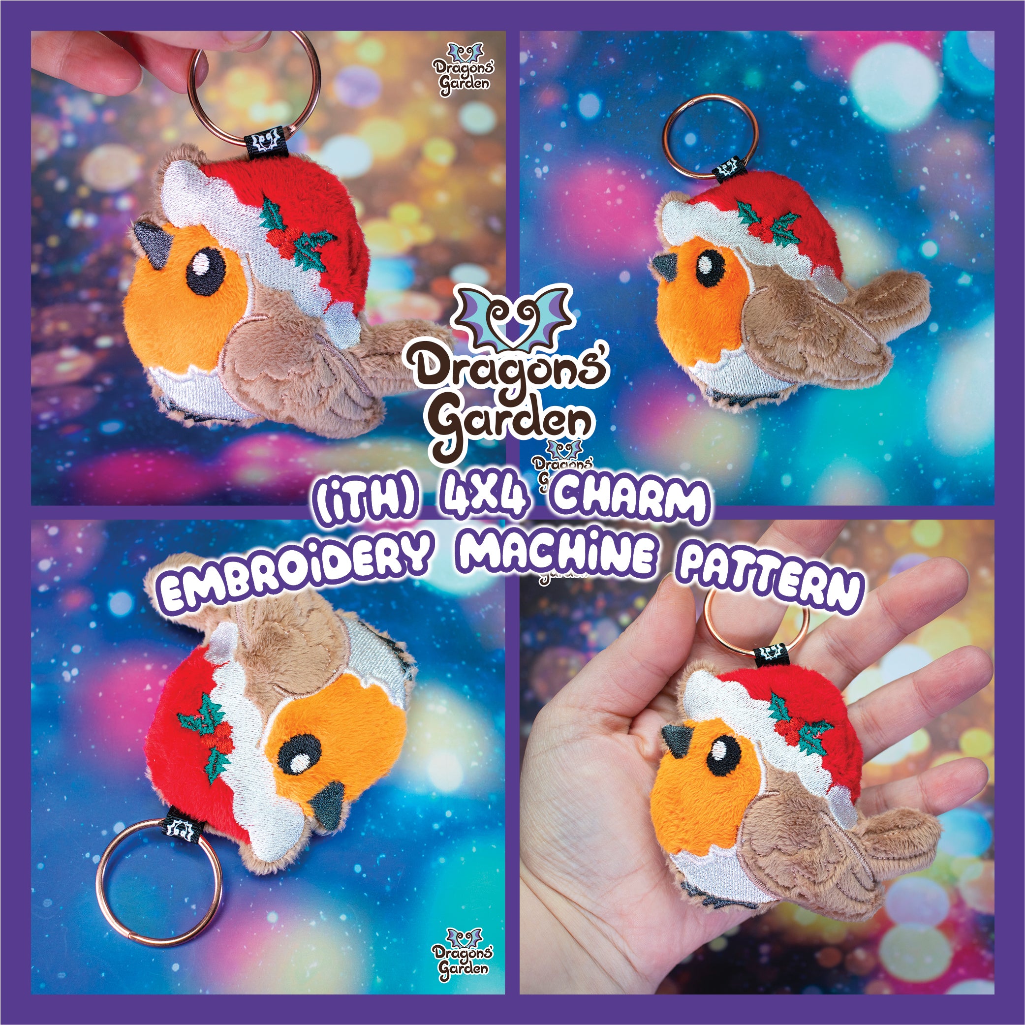 Red Robin Pattern ITH Red Robin Bird Charm Embroidery Pattern keychain winter christmas ...