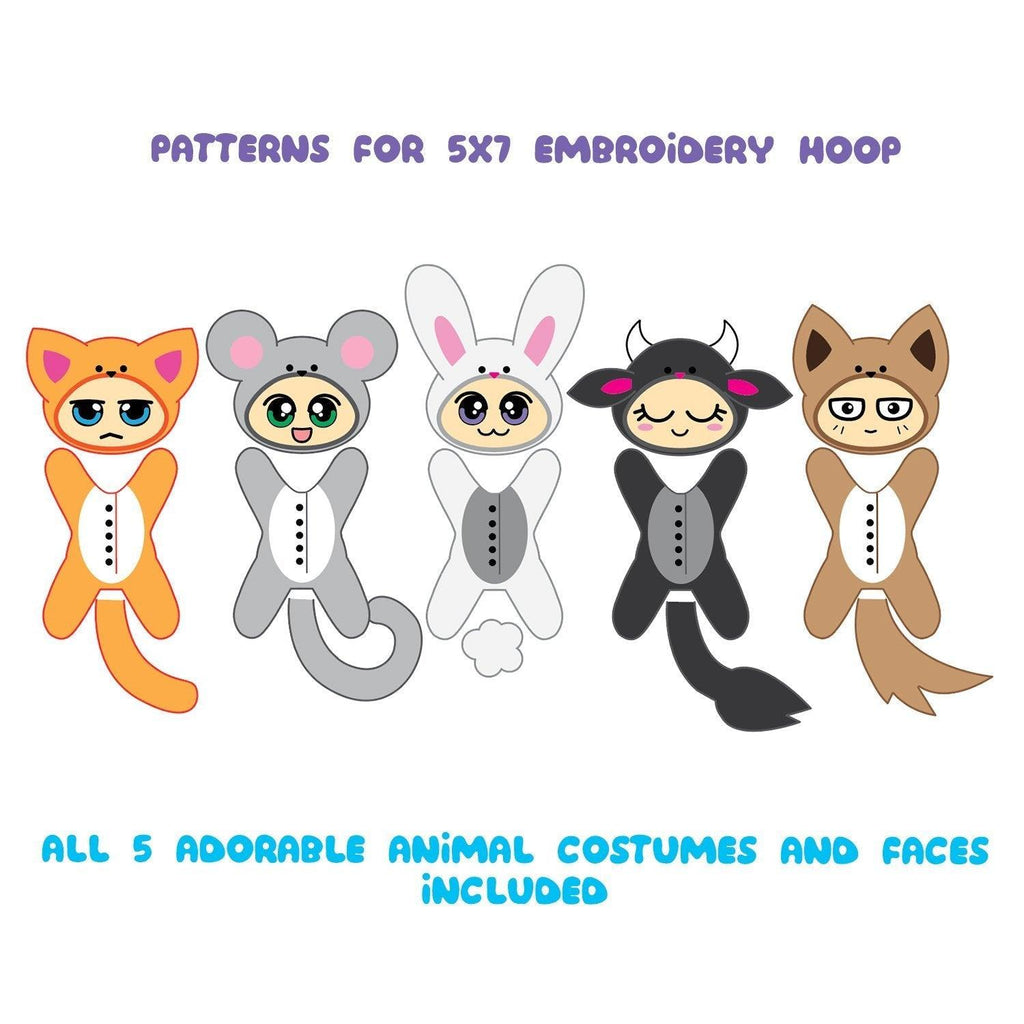 ITH Chibi Dolls in Animal Costumes Plushies Embroidery Pattern - Dragons' Garden - Pattern 5x7