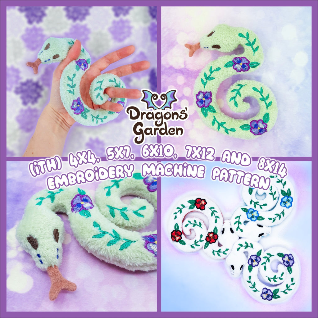 ITH Pansy Blossom Snake Plush Embroidery Pattern - Dragons' Garden - Pattern 4x4