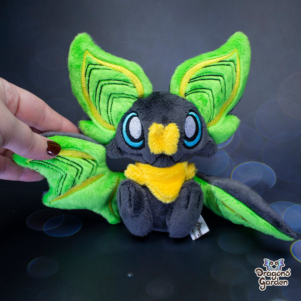 Medium Green and Yellow Sitting Bat Plushie - Dragons' Garden - Plushie Original Creation