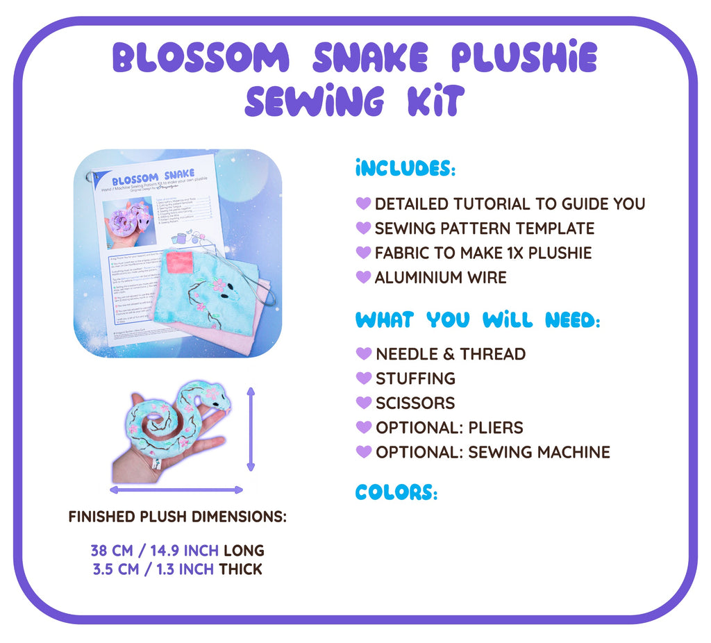 Sakura Blossom Snake Plushie Sewing Kit - Dragons' Garden - Light Blue / Pink - Sewing Kit Sewing Kit