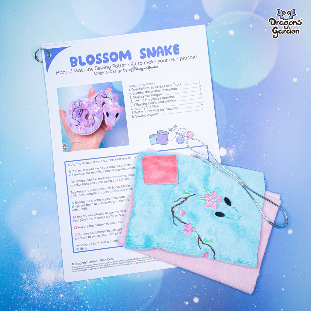 Sakura Blossom Snake Plushie Sewing Kit - Dragons' Garden - Light Blue / Pink - Sewing Kit Sewing Kit
