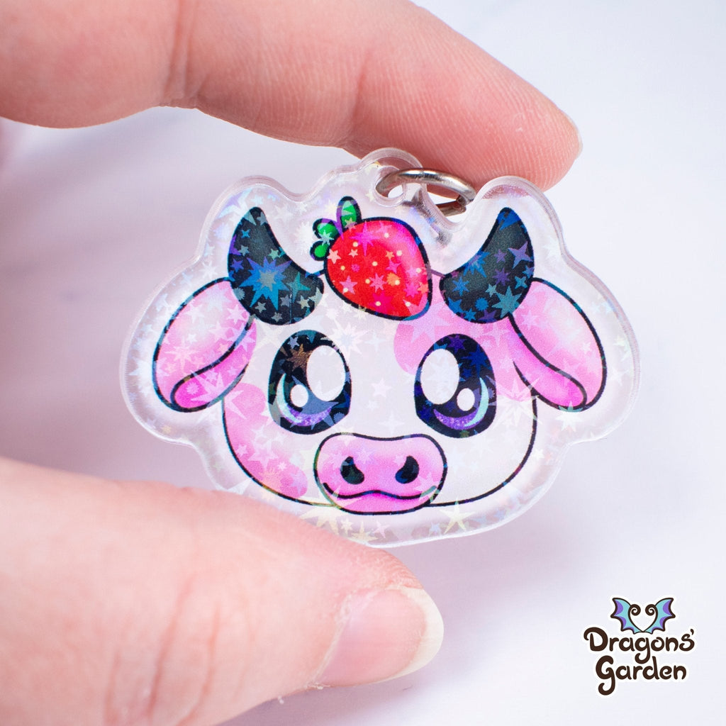 Strawbery Cow | Holographic Acrylic Keychain - Dragons' Garden - Keychain Keychain