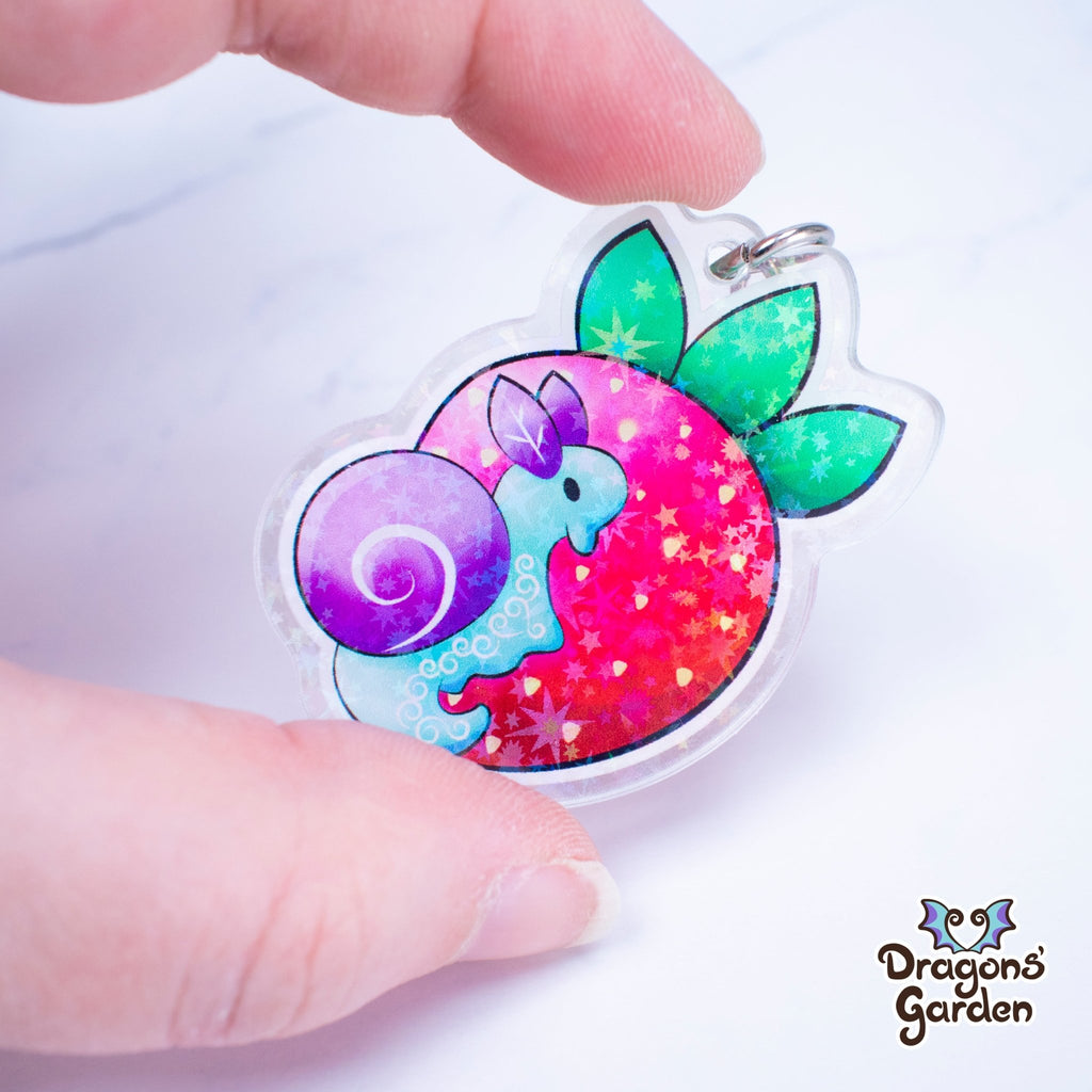 WHOLESALE Strawberry Snail | Holographic Acrylic Keychain - Dragons' Garden - Keychain Keychain